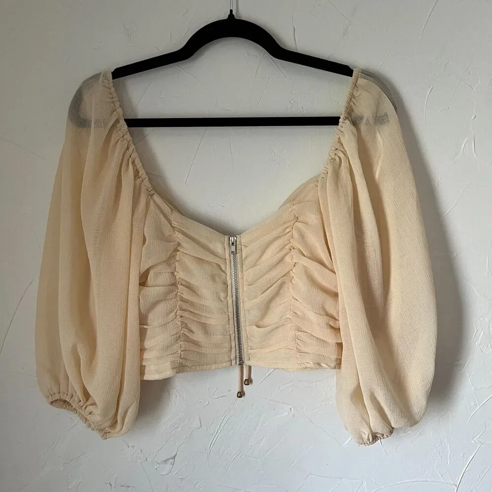 Fairy Cream Ruched Puff Sleeve Crop Top HYFVE Romantic Cottagecore Coquette Sz L - Picture 7 of 9